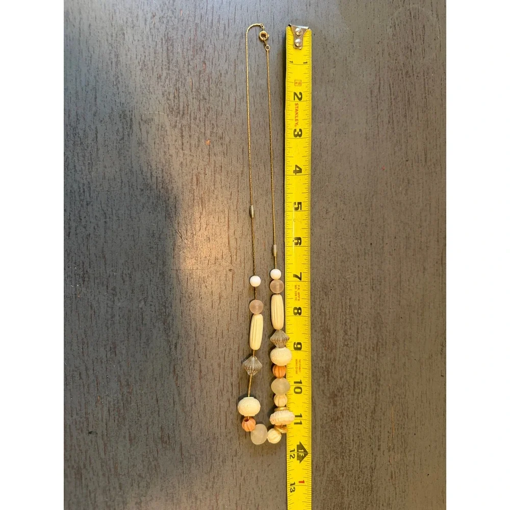 Vintage Multi Bead Gold Tone Chain Necklace Ivory Peach Frosted Neutral 24 Inch